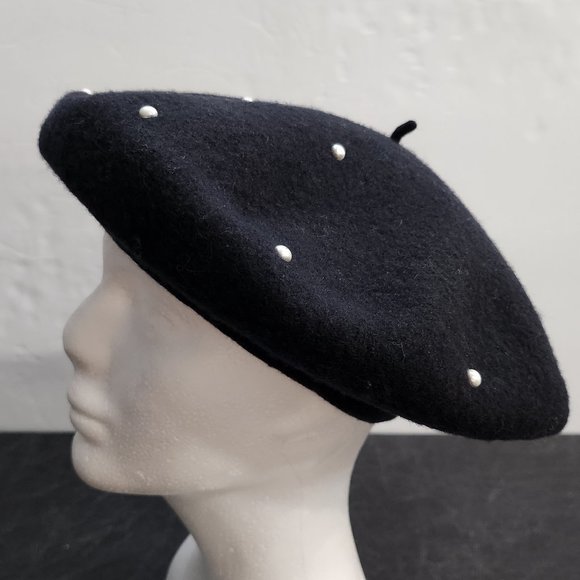 Vintage Rare Find 100% Wool Beret Made in Hong Kong Black Beret With Pearls Acce main image 6